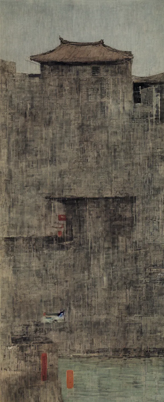 Image similar to a chinese prison near a river by peter doig, muted colors