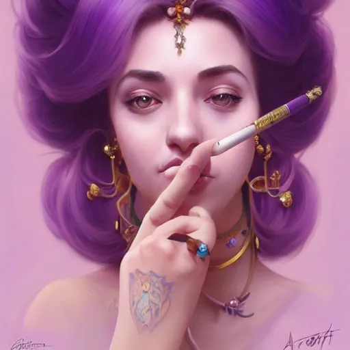 Image similar to portrait of princess peach, nose ring, upper body, purple hair, long hair, joyful smirk, intricate, smoking weed, elegant, highly detailed, digital painting, artstation, concept art, matte, sharp focus, illustration, art by artgerm and greg rutkowski and alphonse mucha