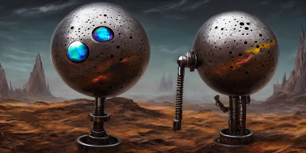 Image similar to tarnished chrome drilling robot with a sphere for a head, matte oil painting, retrofuturistic, colorful, concept art, science fantasy, mutant, lgbt, rpg, epic, rusted, salt, jungles, dungeons & dragons, sharp focus, award - winning, extremely detailed, 4 k, 8 k