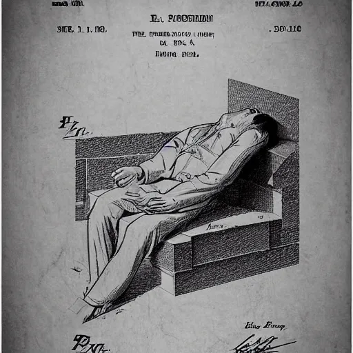 Image similar to sleeping man as a patent drawing. looking at camera. technical drawing. mathematical.