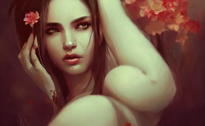 Image similar to a painting of jasmine trending on artstation in the style of greg rutkowski, beautiful, sensual, flower, portrait, adorable, osdd, alter