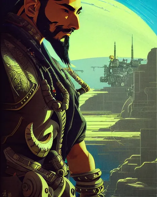 Image similar to hanzo from overwatch, character portrait, portrait, close up, concept art, intricate details, highly detailed, vintage sci - fi poster, retro future, vintage sci - fi art, in the style of chris foss, rodger dean, moebius, michael whelan, and gustave dore