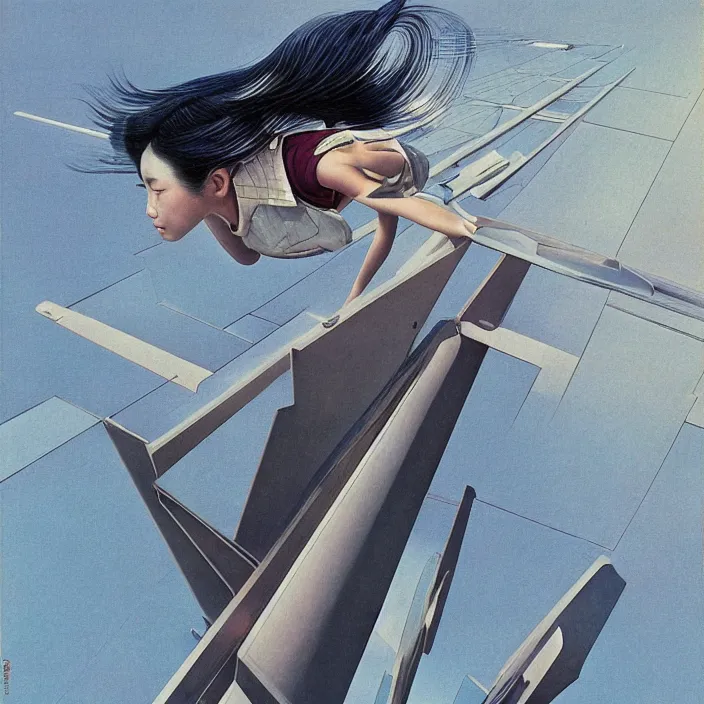 Image similar to feminine korean girl, sharp, bauhaus, aerodynamic, fast, flat art, digital art, hd, by bruce pennington, by escher