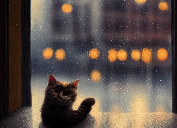 Image similar to cute cat sleeping in front of a window with a view of a rainy city, bokeh lights, dark sky, cozy indoor lighting, greg rutkowski, artstation, loish, alena aenami