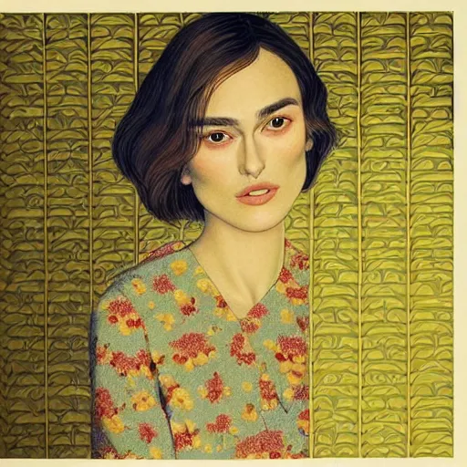 Image similar to “ keira knightley portrait by ikenaga yasunari and ayana otake and ko rakusui, 6 0 s poster, drawing, realistic, sharp focus, japanese, dreamy, nostalgia, faded, golden hues, floral clothes ”