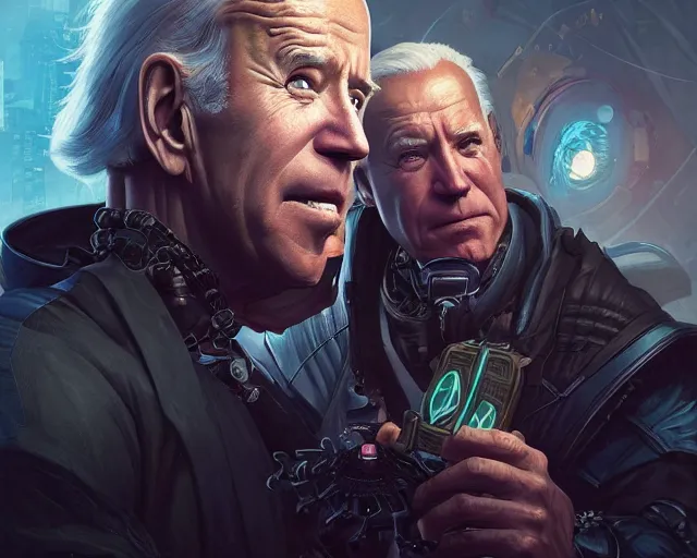 Image similar to oldman joe biden with cyberpunk implants, deep focus, d & d, fantasy, intricate, elegant, highly detailed, digital painting, artstation, concept art, matte, sharp focus, illustration, hearthstone, art by artgerm and greg rutkowski and alphonse mucha