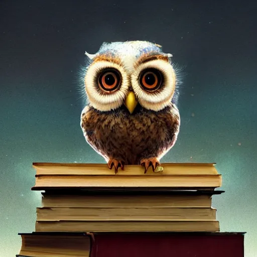 Image similar to long shot of a very cute plushy owl with eyelids half cloed sitting on a pile of antique books, by esao andrews, by pixar, humorous illustration, hyperrealistic, big depth of field, fresh colors, dim light, 3 d octane render conceptart, 4 k, hyperdetailed, trending on artstation