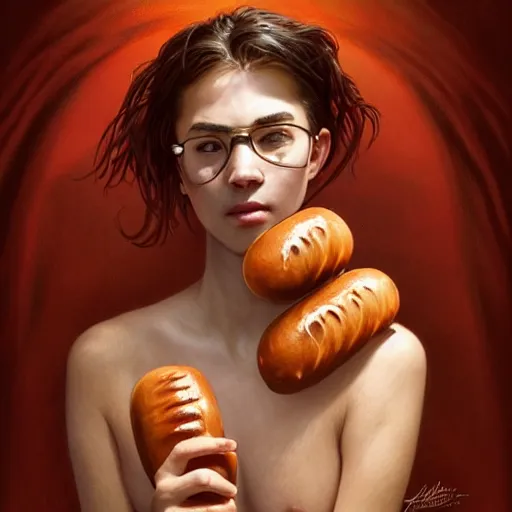 Image similar to portrait of a young rugged hot dog, extra onions and ketchup, luscious patty with sesame seeds, handsome, D&D, fantasy, intricate, elegant, highly detailed, digital painting, sweaty meat, artstation, concept art, matte, sharp focus, illustration, art by Artgerm and Greg Rutkowski and Alphonse Mucha