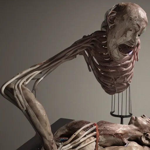 Image similar to hyperrealistic sculpture of a fossilized bronze prisoner being organ harvested on an operating table, by ron mueck and duane hanson and lee bontecou and giacometti, patina, hyperrealistic dramatic volumetric lighting octane render 8 k