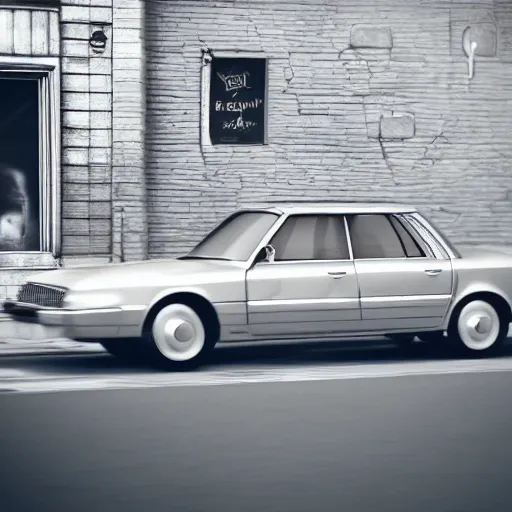 Image similar to cheap, silver paint sedan car, broken front, front view, heavy grain, hyperrealistic render, daylight, ray tracing, street photo