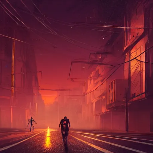 Image similar to jellyfish running on the street at night after the rain, with the silhouette of distant mountains in the background, cyberpunk style, darek zabrocki, 8 k