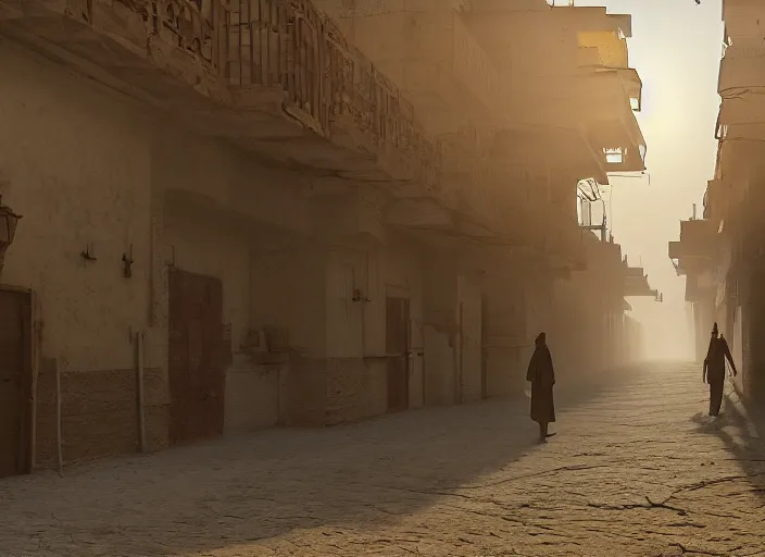 Image similar to old jeddah city alley, roshan, old shops, horse, magical glowing sand gateway to another dimension, several robots and a man wearing a white robe standing watching over, dramatic lighting, dawn, by caspar david friedrich, unreal engine 5