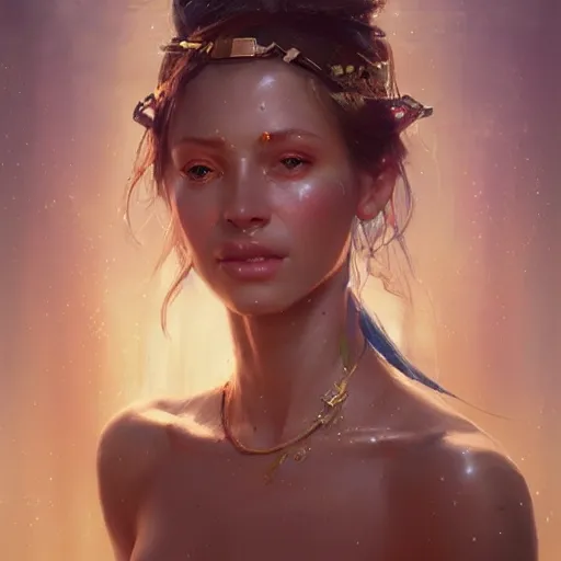 Image similar to a beautiful portrait of a goddess with iridescent skin by greg rutkowski and raymond swanland, trending on artstation