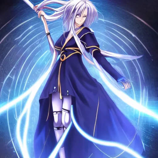 Image similar to a beautiful anime character wizard with free flowing hair holding a staff that has a glowing blue orb at the head of it high detail, high resolution