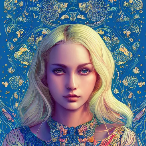 Image similar to a portrait of an incredibly beautiful, colorful, graceful, elegant, and sophisticated young blonde girl made of garlic, an ultrafine detailed illustration by james jean, intricate linework, bright colors, final fantasy, behance contest winner, vanitas, angular, altermodern, unreal engine 5 highly rendered, global illumination, radiant light, detailed and intricate environment