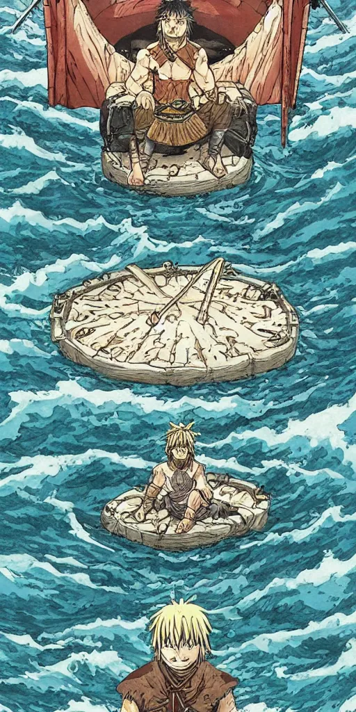 Image similar to a lone king sitting on a throne floating on water in the middle of a lake drawn by Makoto Yukimura in the style of Vinland saga anime, full color