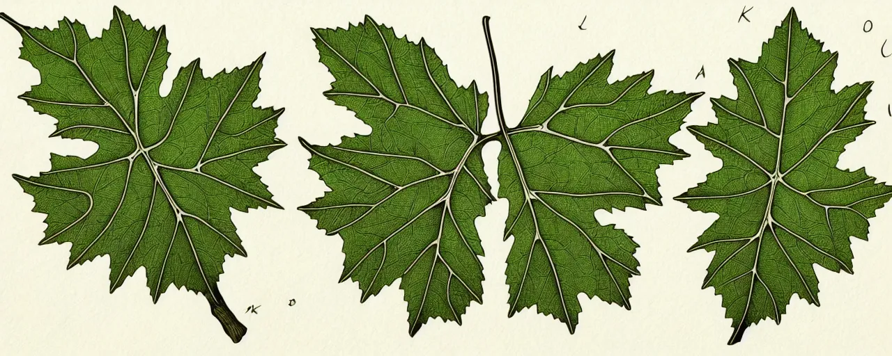 Image similar to leaf schematic, hybrid between oak leaf and wine leaf, ultra detailed, 4 k, intricate, encyclopedia illustration, fine color inking lines