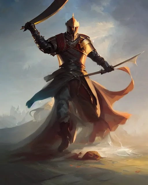 Prompt: action portrait of a noble knight fighting while casting spells with his swords, 4K trending on artstation by peter mohrbacher