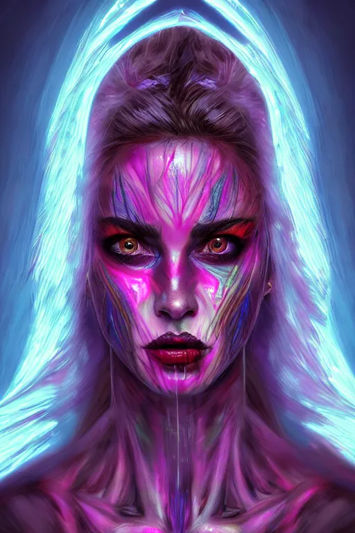 Image similar to hyper detailed ultra sharp of a beautiful face girl azazello is one of the demonic and mystical characters in the work, a negative character in biblical stories, a fallen angel who opposed the will of god. various reference for artists, facial expressions, trending on artstation, neon colors, digital art, cinematic lighting, art by god, 8 k