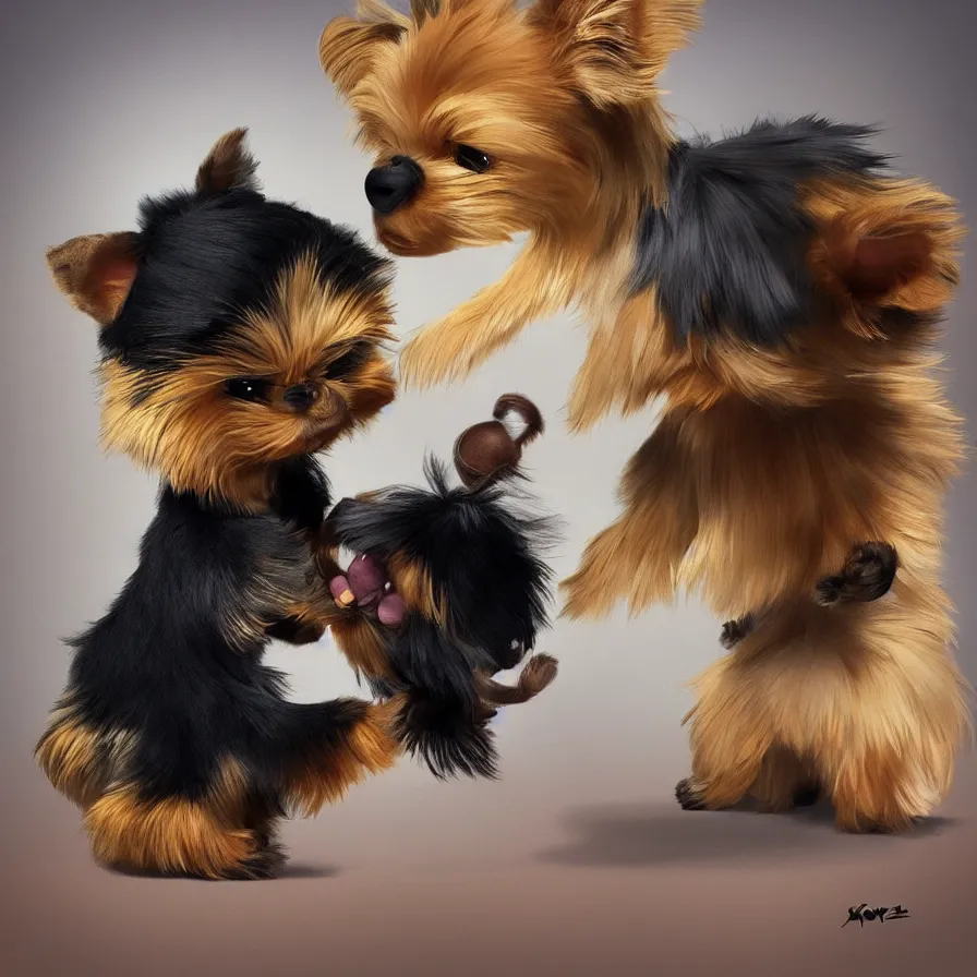 Prompt: Goro Fujita ilustration a very cute Yorkshire Terrier, with black and caramel fur, playing with a plush monkey toy, painting by Goro Fujita, sharp focus, highly detailed, ArtStation