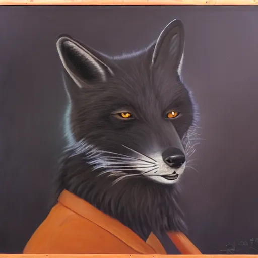 Prompt: portrait of a male anthro black fox furry fursona wearing a salsa dance suit, 1 9 7 0 s oil on canvas painting, by famous artist jylon denja