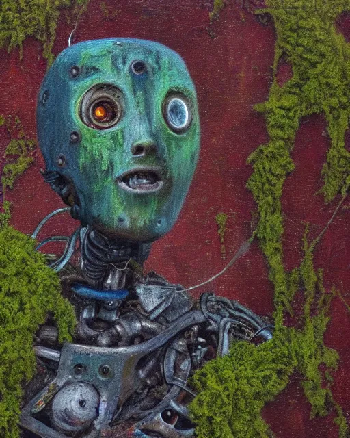 Image similar to detailed oil painting of a decayed, rusty, humanoid robot, covered in moss