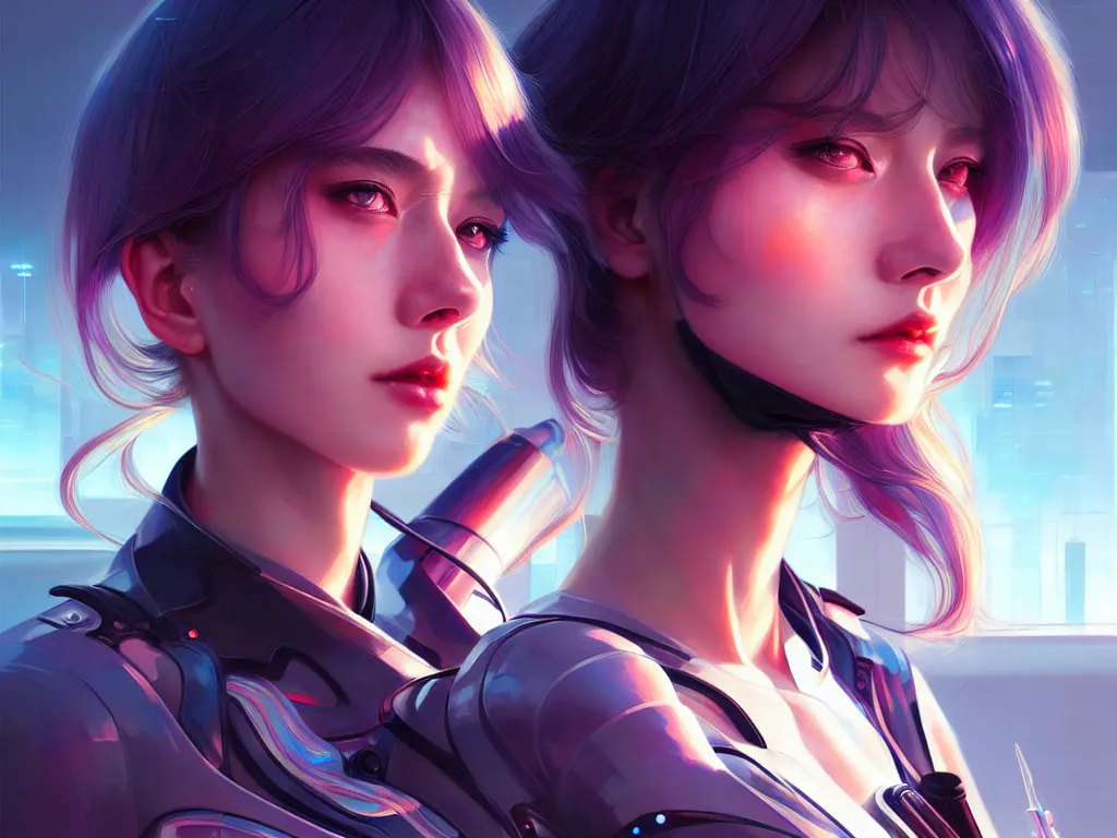 Image similar to portrait futuristic police girl, at future neon light tokyo rooftop night, ssci - fi and fantasy, intricate and very very beautiful and elegant, highly detailed, digital painting, artstation, concept art, smooth and sharp focus, illustration, art by tan zi and ayanamikodon and alphonse mucha and wlop