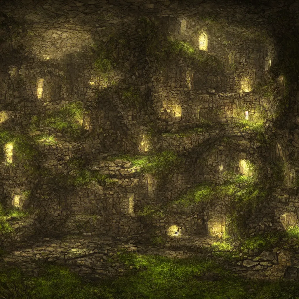 Prompt: an ancient dungeon interior with stone walls, stagnant water, mossy overgrowth, soft ambient lighting from wall mounted torches, trending on artstation