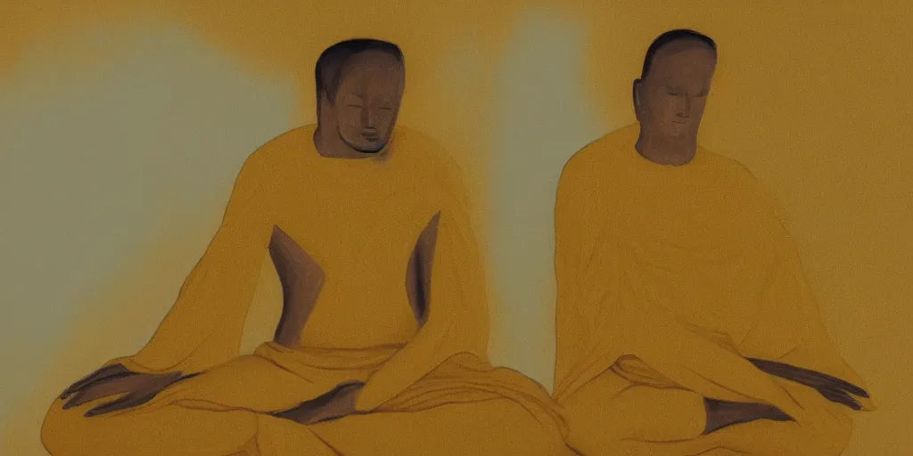 Image similar to a paiting of a golden faceless man in meditation position