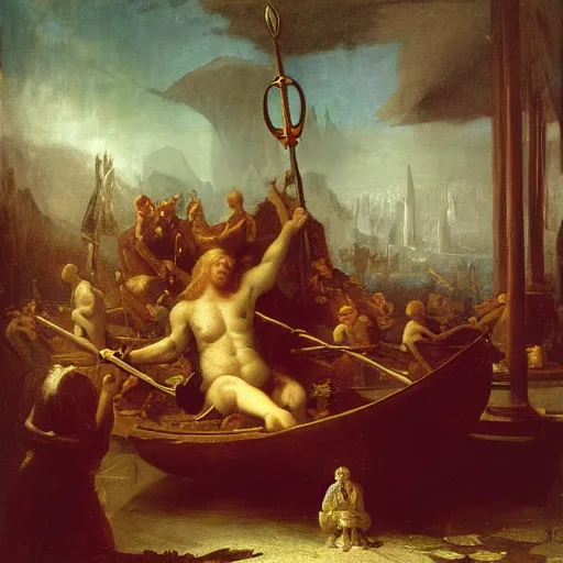 Image similar to copper by albert bierstadt, by frans francken the younger depressing. a photograph of a mythological scene. large, bearded man seated on a throne, surrounded by sea creatures. he has a trident in one hand & a shield in the other. behind him is a large fish. in front of him are two smaller creatures.