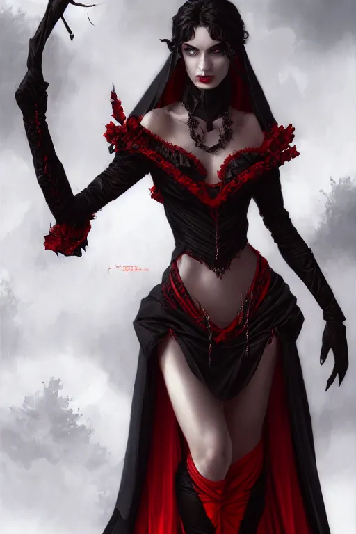 Image similar to Beautiful vampire female princess, black and red silk clothing Full body shot, D&D, fantasy, intricate, elegant, highly detailed, digital painting, artstation, concept art, matte, sharp focus, illustration, hearthstone, art by Artgerm and Greg Rutkowski and Alphonse Mucha