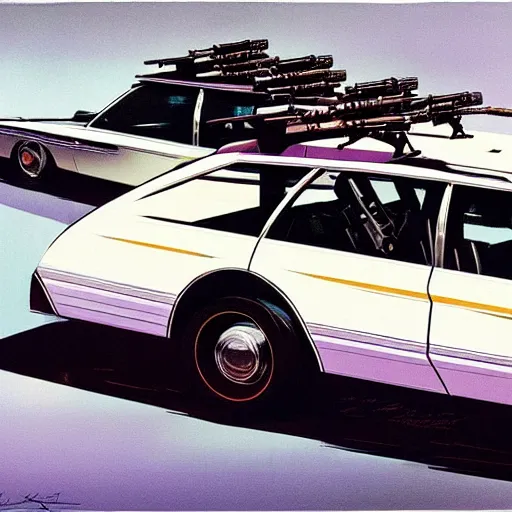 Image similar to concept art for a station wagon covered in mounted guns, painted by syd mead, high quality