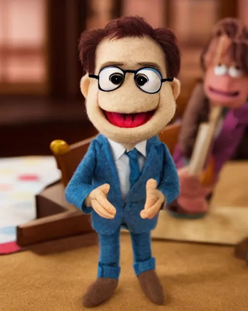 Image similar to dwight schrute as a muppet. highly detailed felt. hyper real photo. 4 k.