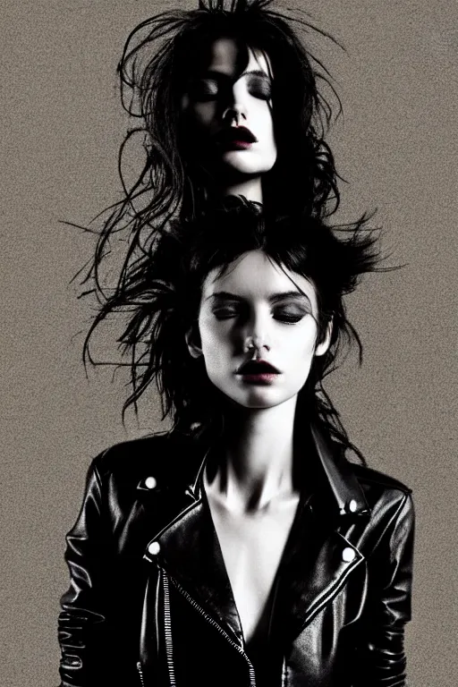 Image similar to dreamy rock girl, black leather jacket, detailed acrylic, grunge, perfect lighting. professional design. great composition, illustration by alberto giacometti, peter lindbergh, 8 k