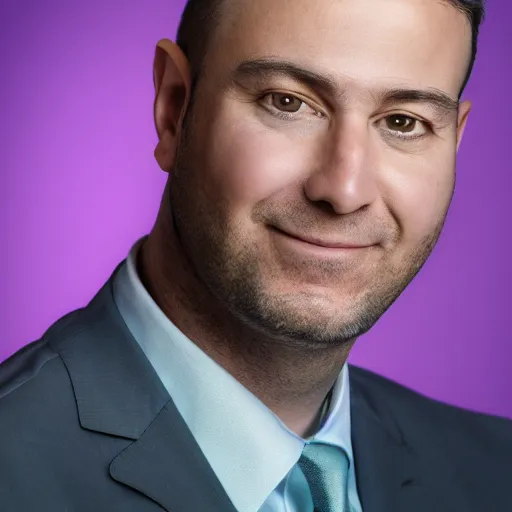 Image similar to corporate portrait, senior sales director, purple green color scheme, professional studio lighting, hyperreal detailed lifelike facial features, corporate portraiture