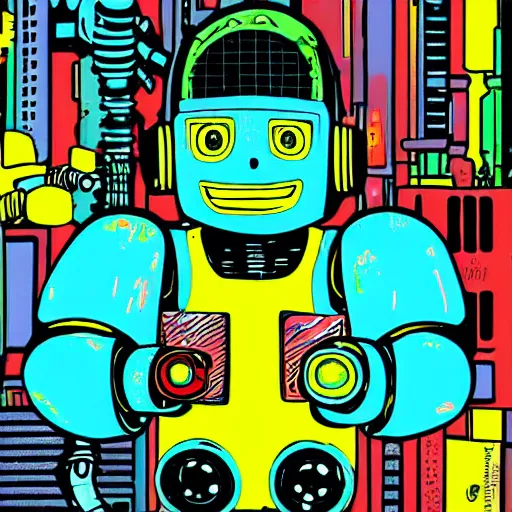 Image similar to robots need love too adorable cute cyberpunk street hustler mech-robot wearing walkman cyan and yellow colored paint oozing from mouth centre image cool street style relaxed pose Jamie Hewlett style moebius style pastel color style neon lights messy cables line drawing,