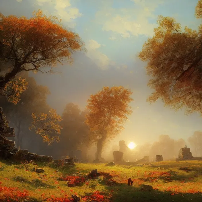 Prompt: a beautiful painting of ruins on the meadow, in autumn, sunset by ivan aivazovsky and greg rutkowski and rhads, in style of digital art. hyper detailed, sharp focus, soft light. octane render. ray tracing. trending on artstation