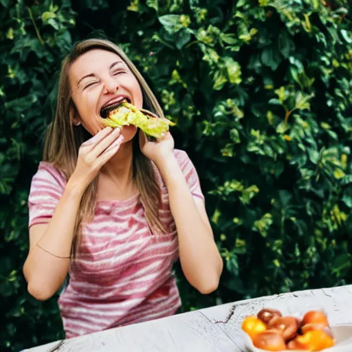 Prompt: Woman laughing and eating a salad, stock photo
