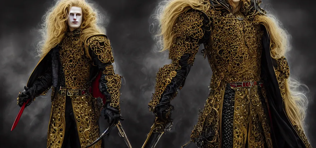 Prompt: character sheet concept art of johan liebert alucard, long fluffy golden blonde curly hair, gilded obsidian baroque armor, red fabric, face paint, ferrofluid armor, realistic, hyperrealistic, photographic, costume, wlop, dan mumford, greg rutkowski, high detail, octane render, alexander mcqueen, james gurney, photo, 8 k, intricate