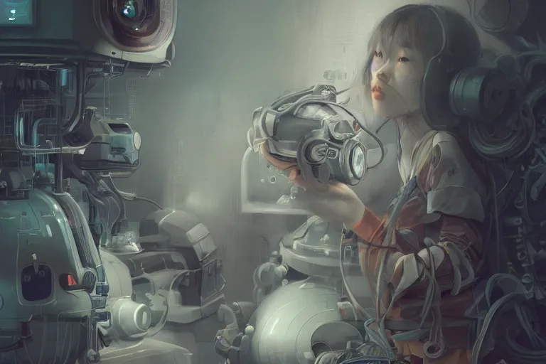 Image similar to hyperrealistic photography of a machine entering a female host in the style of Jin Kagetsu, James Jean and wlop, highly detailed, sharp focus, intricate concept art, digital painting, ambient lighting, 4k, artstation