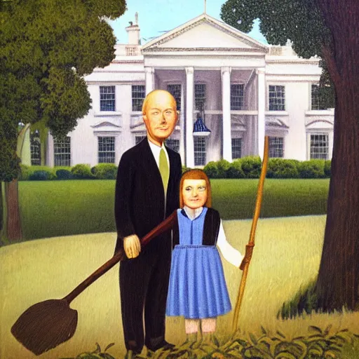 Image similar to an oil painting of a farmer standing beside his daughter in front of a white house. The woman wears a colonial print apron. The man wears overalls covered by a dark suit jacket and he carries a pitchfork. By Grant Wood, 1930.