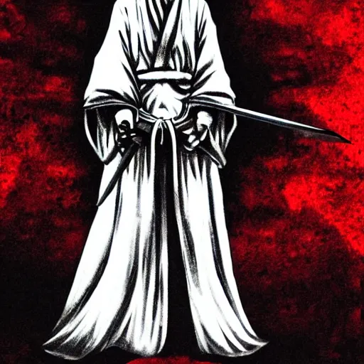 Image similar to samarai cloaked in white with swords, standing in light beam of a dark cave, ruby red sorrow, high quality, ultra detail