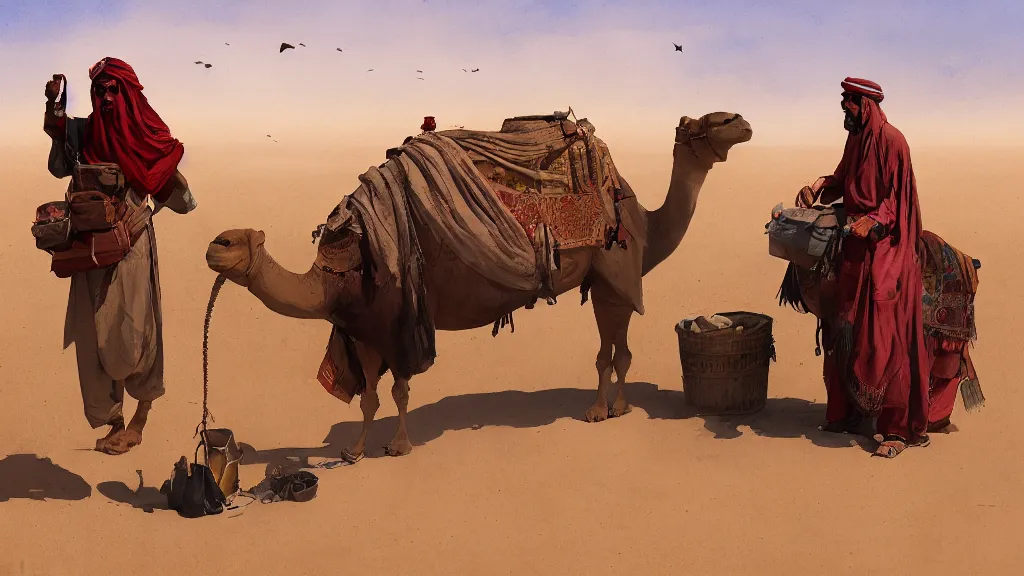 Prompt: arabian merchant with colored bags feeding a camel in a desert, watercolored, jakub rozalski, dark colours, dieselpunk, artstation