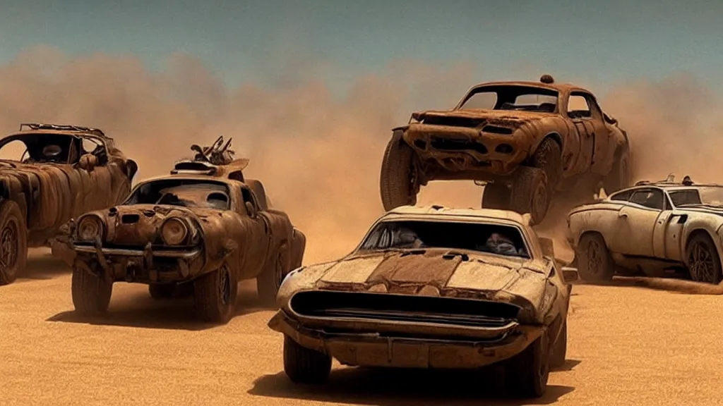 Image similar to mad max cars in a pixar movie