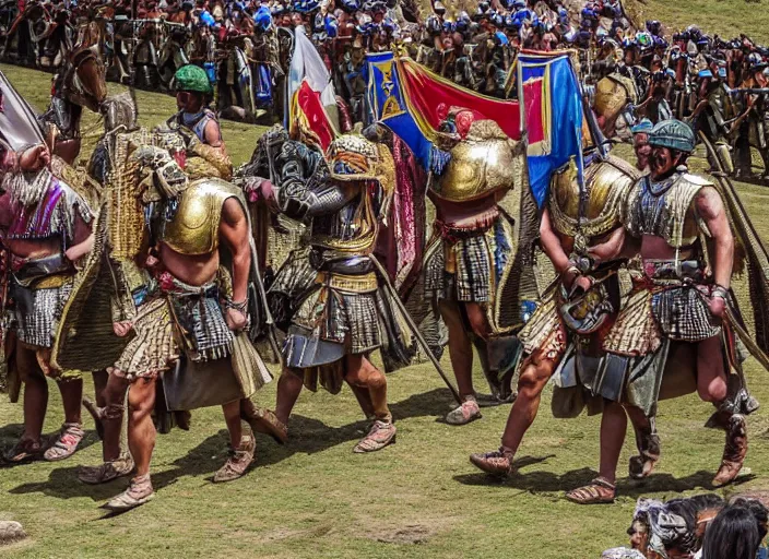 Image similar to a high detail photograph of alexander the great parading with his army through machu pichu, award winning photograph