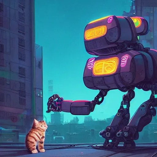 Image similar to a broad-shouldered, heavy construction robot reaching down to pet a kitten, in a neon-lit cyberpunk city, by Simon Stålenhag and James Gurney