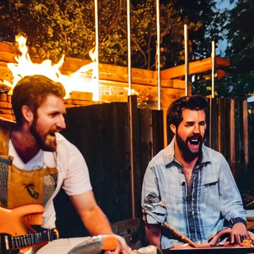 Image similar to two guys in night at the yard grilling kebabs and one guy playing guitar