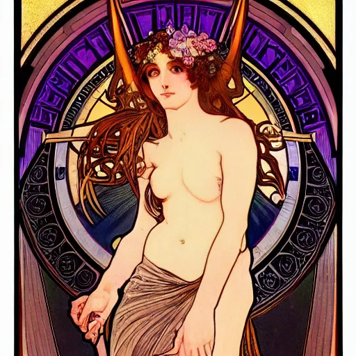 Image similar to a finely detailed beautiful!!! feminine alchemical engraving of The Baphometress by Alphonse Mucha, legendary masterpiece, stunning!, saturated colors, black background, full body portrait, zoomed out to show entire image, trending on ArtStation