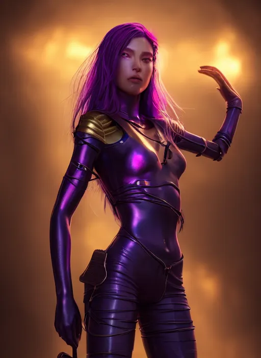 Image similar to young woman wearing shorts and shirt : : purple - gold streets cyberpunk : : weta disney pixar movie still photo : : decadent highly - detailed digital painting, heroic pose, full length shot, golden ratio, octane render, artstation, smooth, sharp focus, artgerm, mucha, loish, wlop, gogo