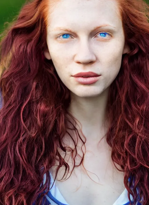 Image similar to close up portrait photograph of a thin young redhead woman with russian descent, sunbathed skin, with deep blue eyes. Wavy long maroon colored hair. she looks directly at the camera. Slightly open mouth, face takes up half of the photo. a park visible in the background. 55mm nikon. Intricate. Very detailed 8k texture. Sharp. Cinematic post-processing. Award winning portrait photography. Sharp eyes.